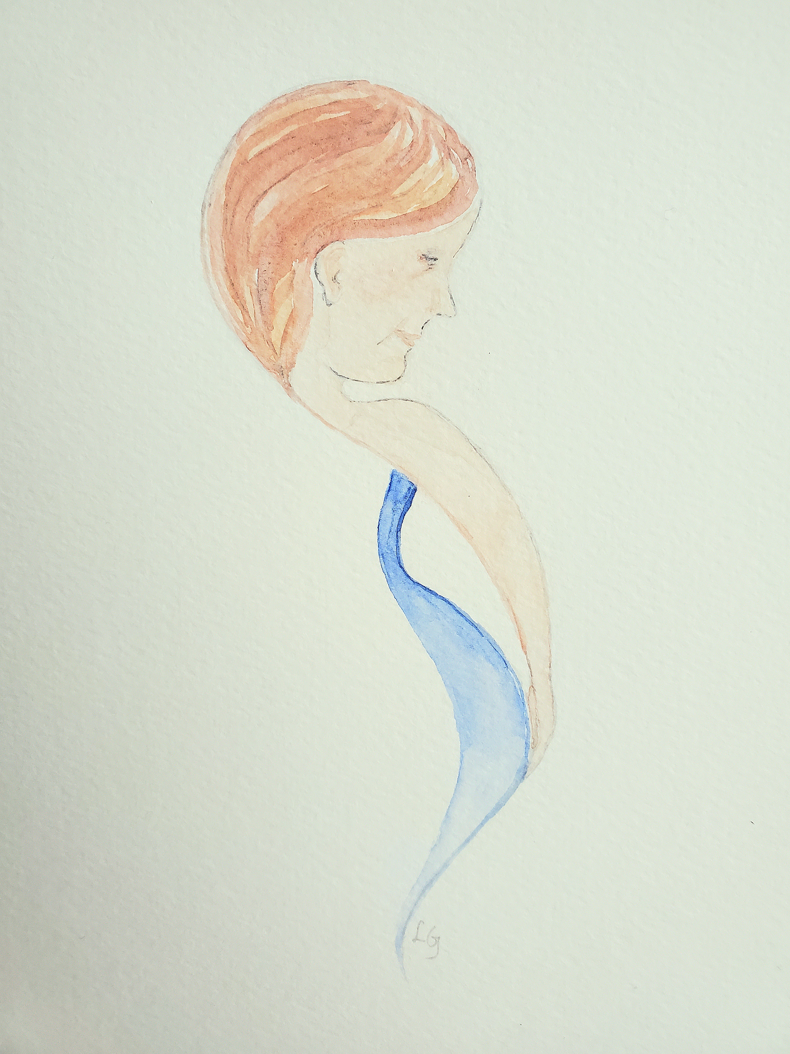 A minimalist watercolor painting of a woman peering over her shoulder, her hand resting on her right hip.