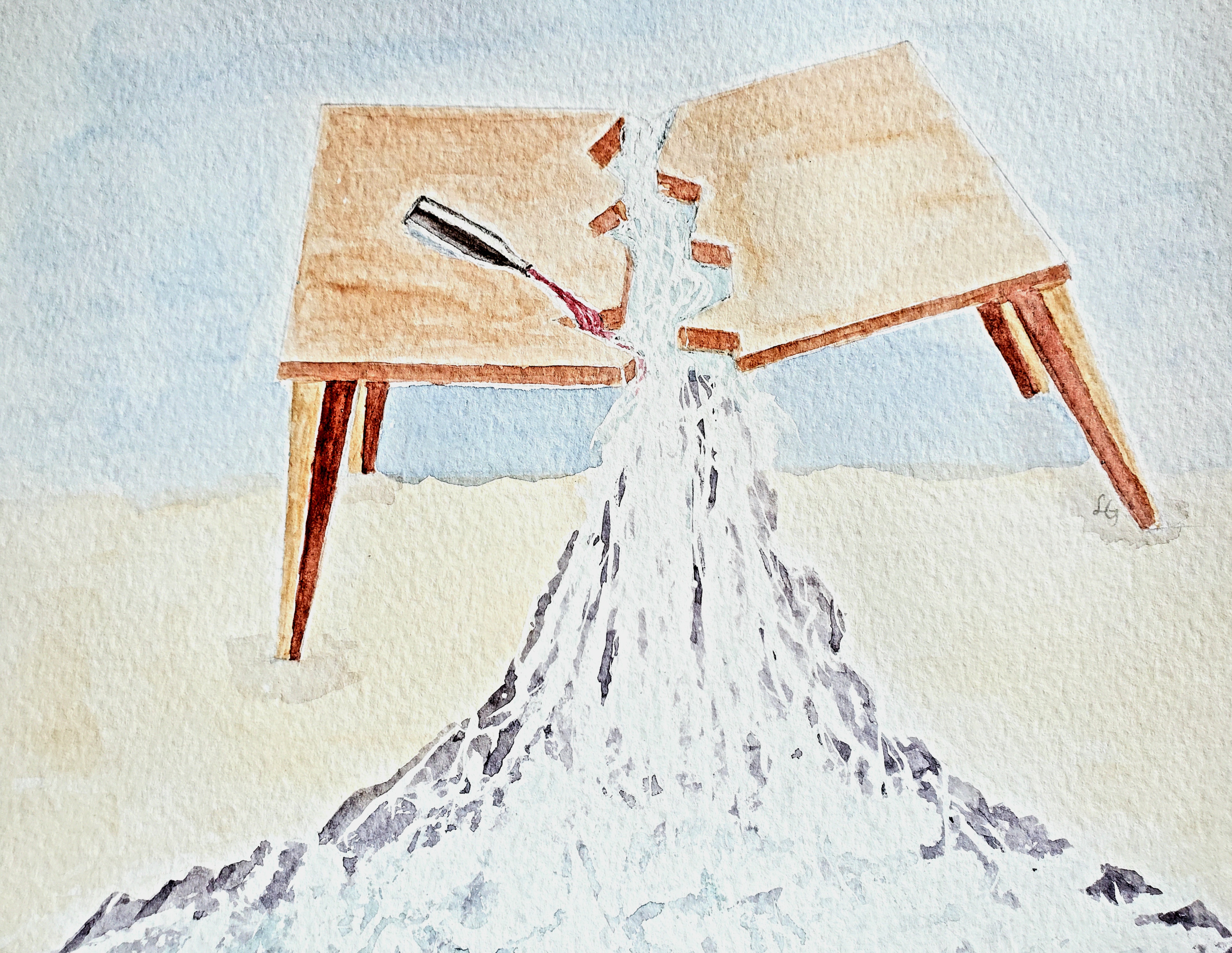 Surreal watercolor of a table broken in two, the chasm creating a canyon, a waterfall flowing through the center and rushing onto the floor. There is also a spilled wine bottle emptying burgundy into the canyon.