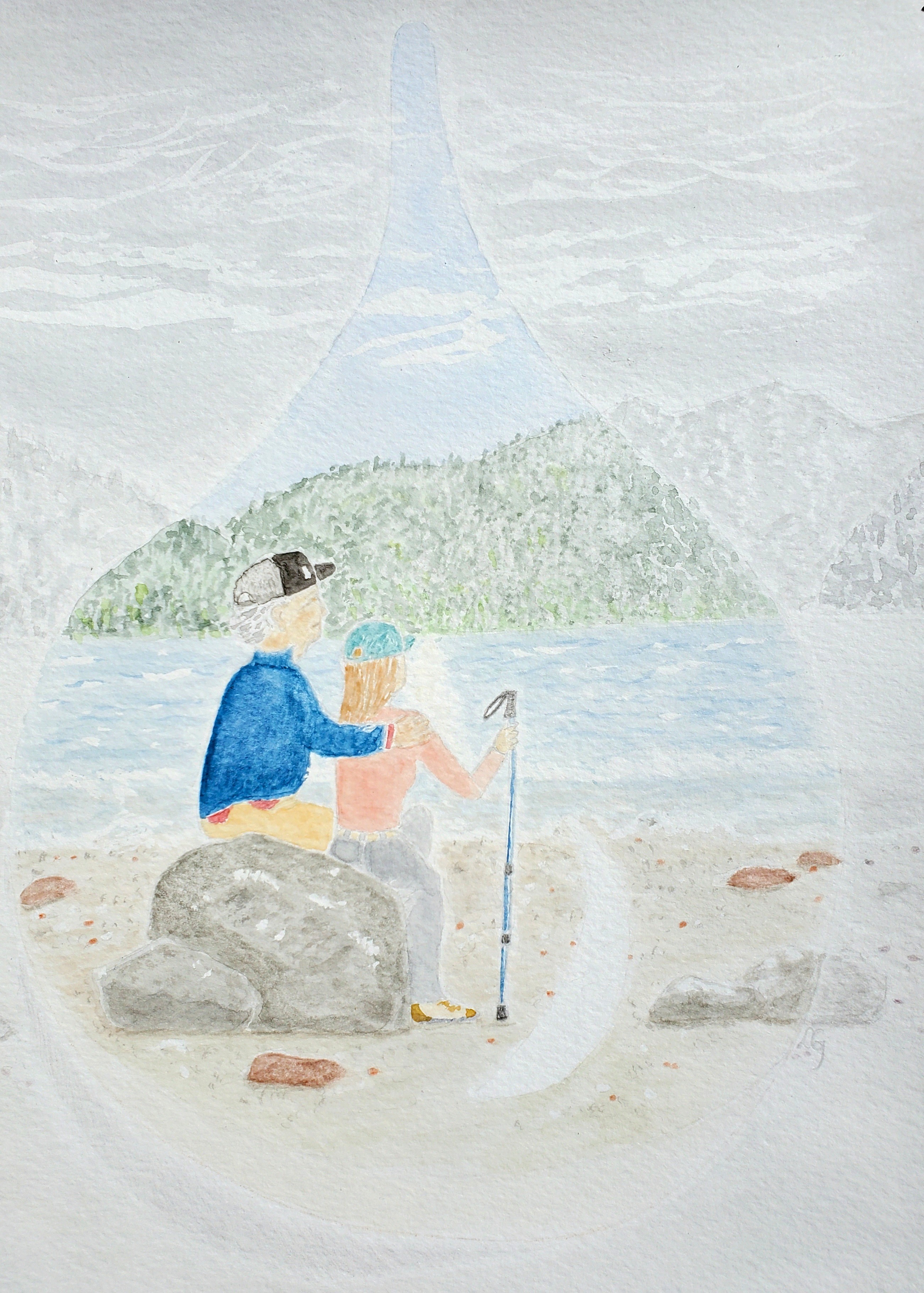 Watercolor of a father and grown daughter sitting beside a lakeshore. They are within a teardrop shape in color, while outside the teardrop, the landscape is graytone.